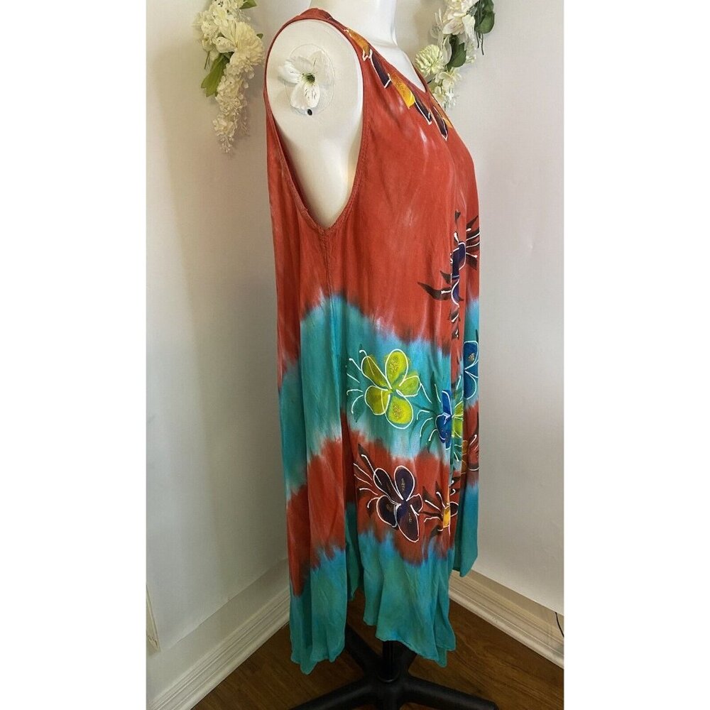 Vtg Seven Islands Boho Tie Dye Cultural Flowy Dress‎ Sleeveless Flowers One Size
